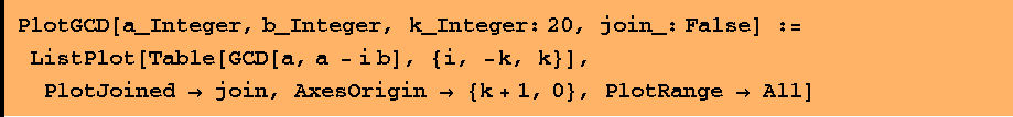 PlotGCD[a_Integer, b_Integer, k_Integer: 20, join_: False] := ListPlot[Table[GCD[a, a - i b], {i, -k, k}],  PlotJoined -> join, AxesOrigin -> {k + 1, 0}, PlotRange -> All]
